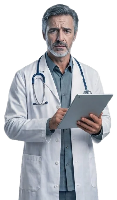 A doctor frowning at his tablet, unsure where things stand