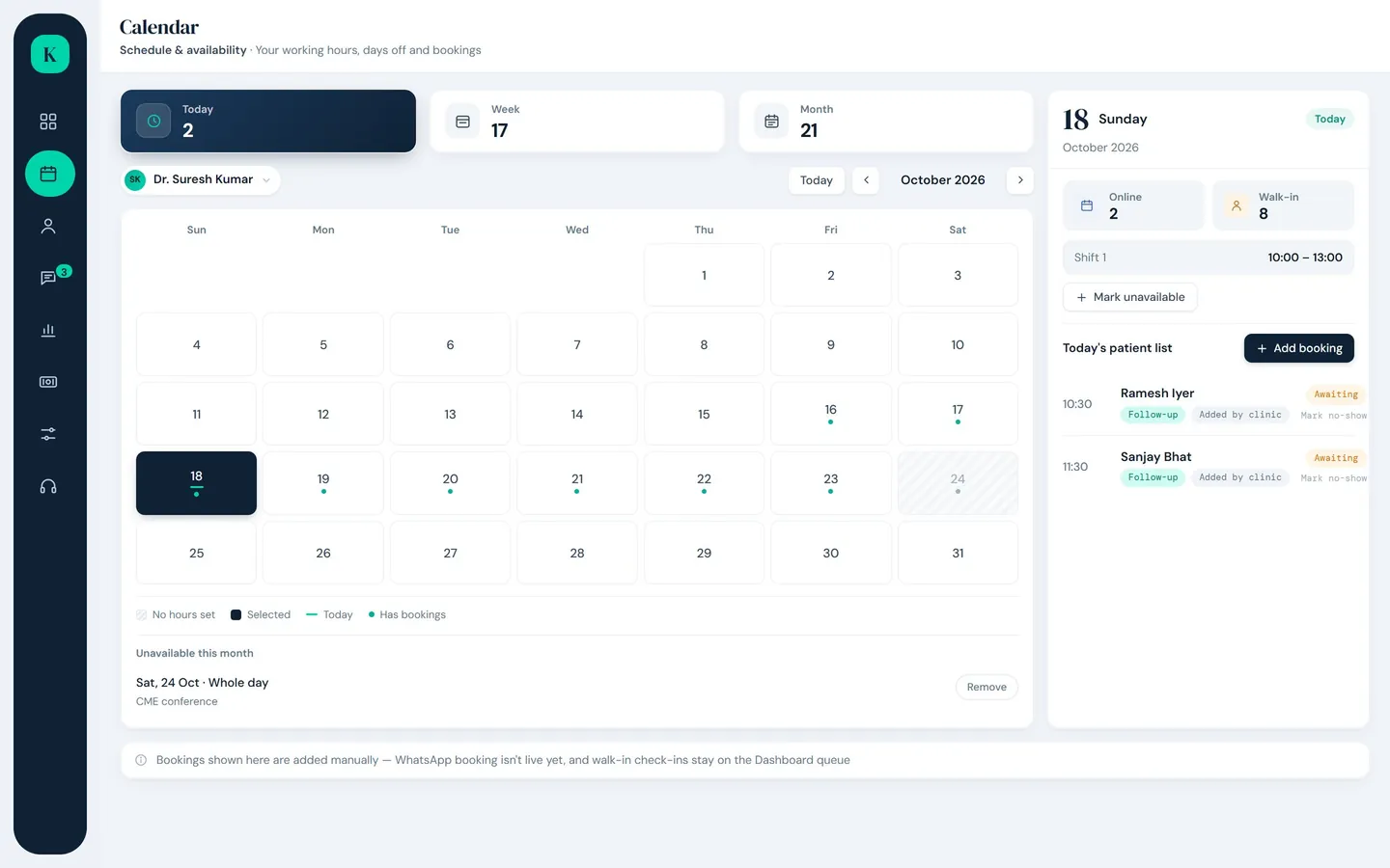 KliniqOS calendar with bookings and today’s patient list