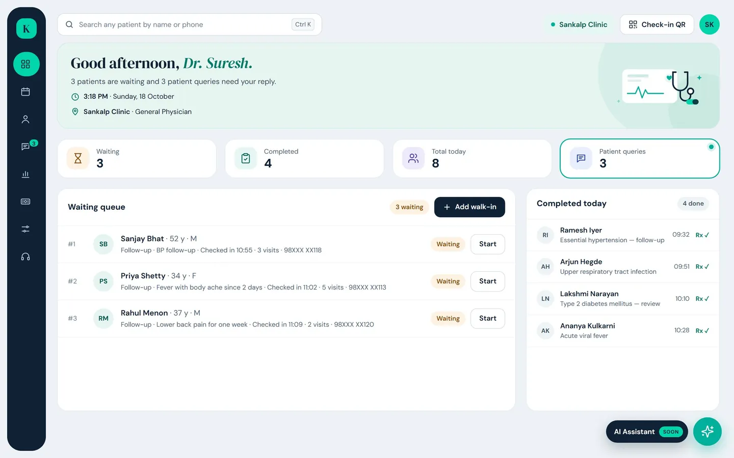 KliniqOS dashboard: welcome bar, today’s counters, waiting queue and completed list