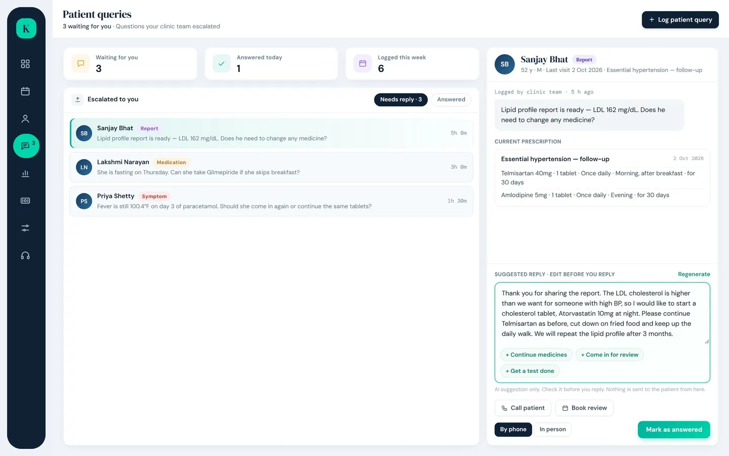 KliniqOS patient queries with a suggested reply the doctor edits