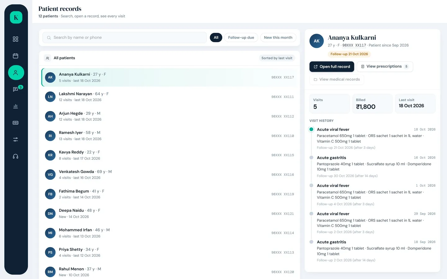 KliniqOS patient records with visit history