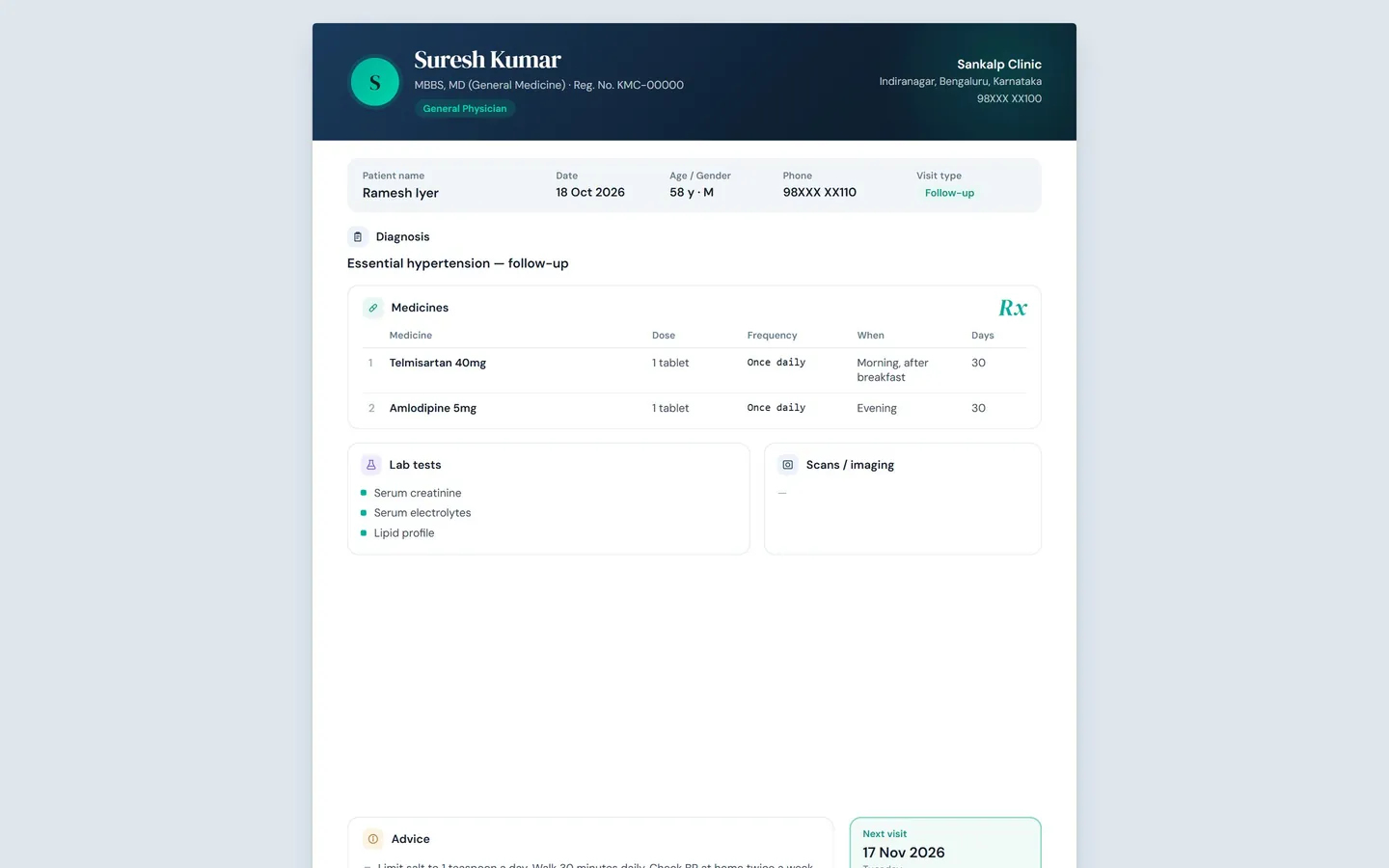 KliniqOS prescription with diagnosis, medicines, lab tests and next visit